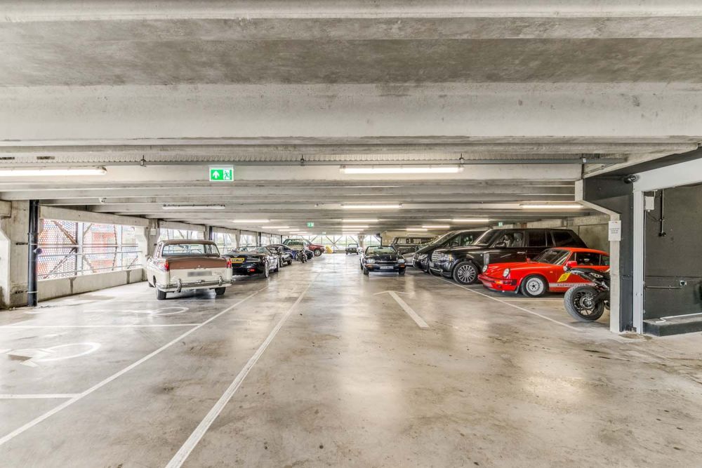 A private multi-storey car park with large roof (Brentford, London)