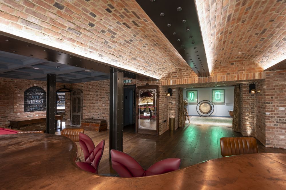 An underground private bar and recording studio with vintage retro touches