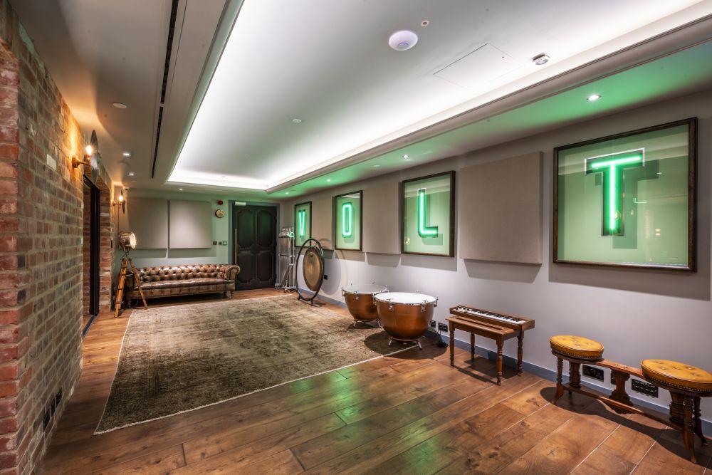 An underground private bar and recording studio with vintage retro touches