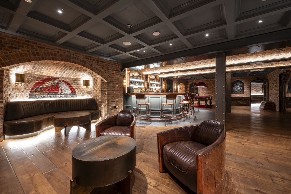 An underground private bar and recording studio with vintage retro touches