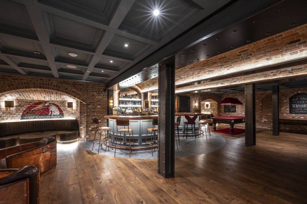 An underground private bar and recording studio with vintage retro touches